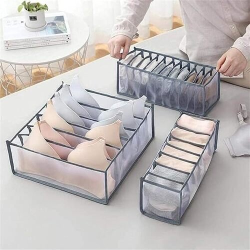 Unique Cart 3 Set Closet Underwear Organizer - Foldable Storage Box For Underwear, Bra, Socks, Ties | Single Cavity, Gray Color, Household Product