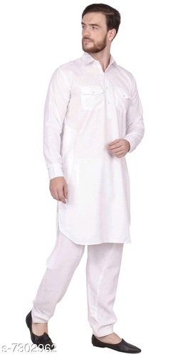 White Cotton Concealing Pathani Kurta Set - Medium Size, Classic Collar, Long Roll-up Sleeves, Uv Protection And Breathable Fabric, Stylish And Sensitive Peach Finish