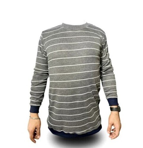 Mens Slim Fit Poly Cotton Striped T-shirts - Round Neck, Long Sleeves, Grey Color, Customized Size | Machine Wash Care