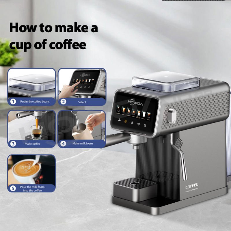 Smart Touch Screen Espresso Coffee Maker Machine with Grinder & Milk Frother