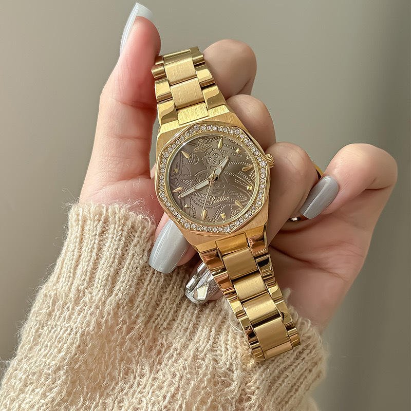 Women Round Dial Waterproof Luminous Design With Stainless Steel Watch Band