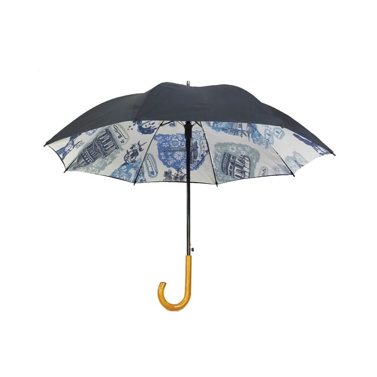 Windproof Luxury Wood Crook Handle Walking Stick Umbrella Heat Transfer Paper Printed Umbrella