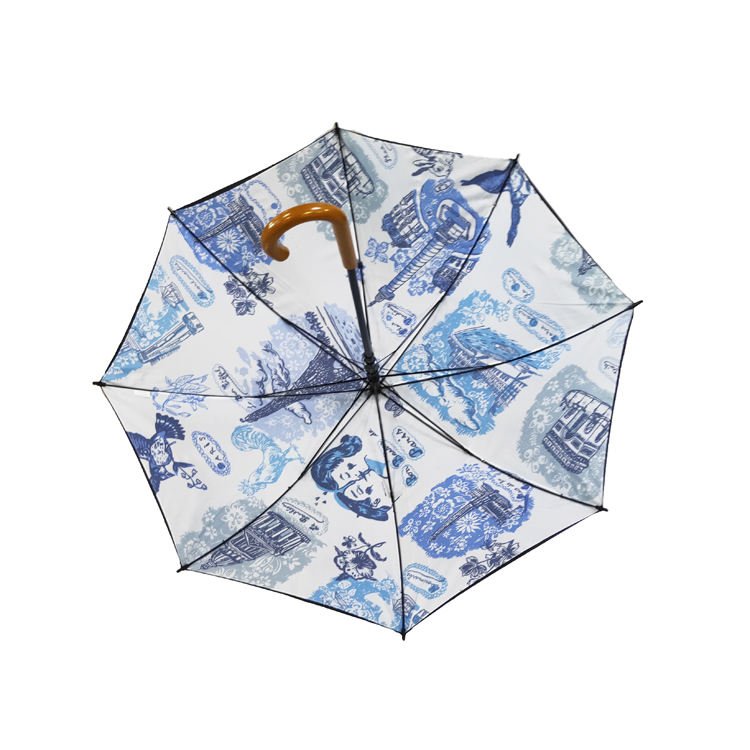 Windproof Luxury Wood Crook Handle Walking Stick Umbrella Heat Transfer Paper Printed Umbrella