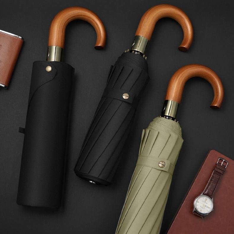 2025 Custom 27 Inch Automatic 12 Ribs 3-Fold Umbrella Hook Wooden Handle Logo Print Travel Business Gifts Windproof Waterproof