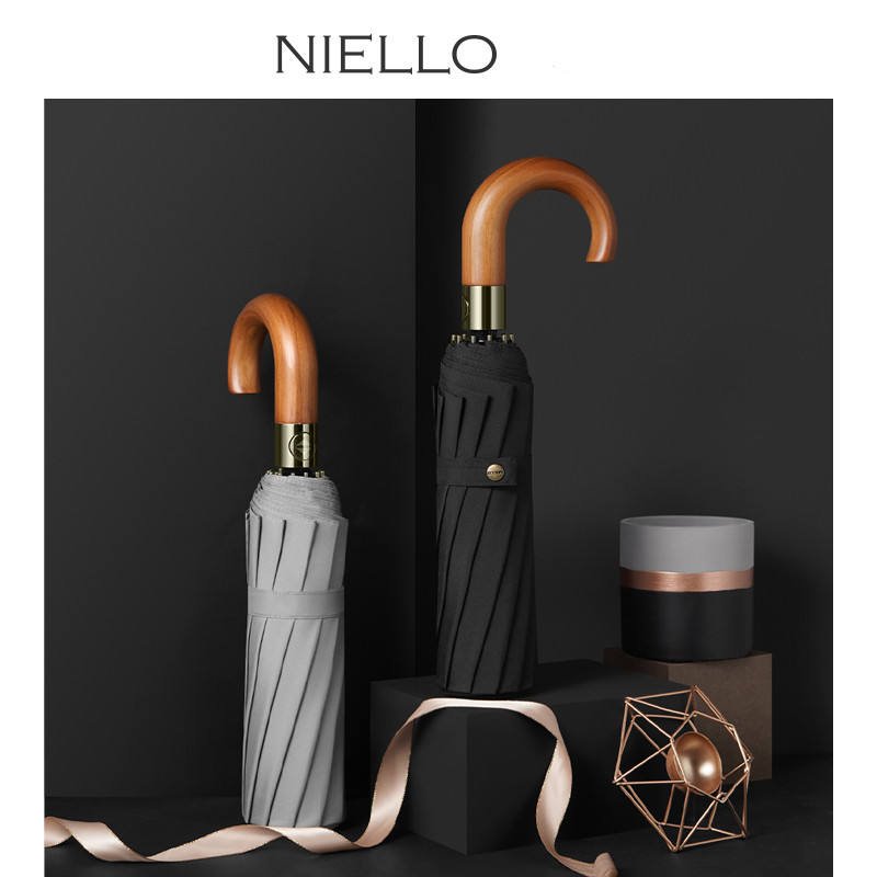 2025 Custom 27 Inch Automatic 12 Ribs 3-Fold Umbrella Hook Wooden Handle Logo Print Travel Business Gifts Windproof Waterproof