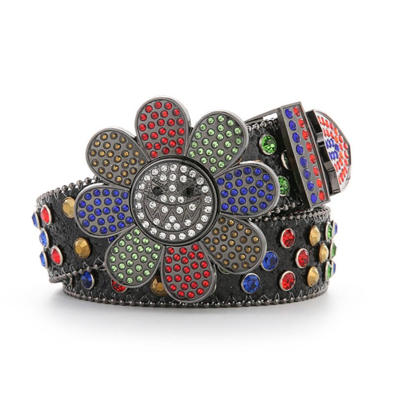 Customize Rotatable Smile Flower Buckle Women Punk Fashion PU Leather Crystal Studded Rhinestone BB Belt for Ladies Dress