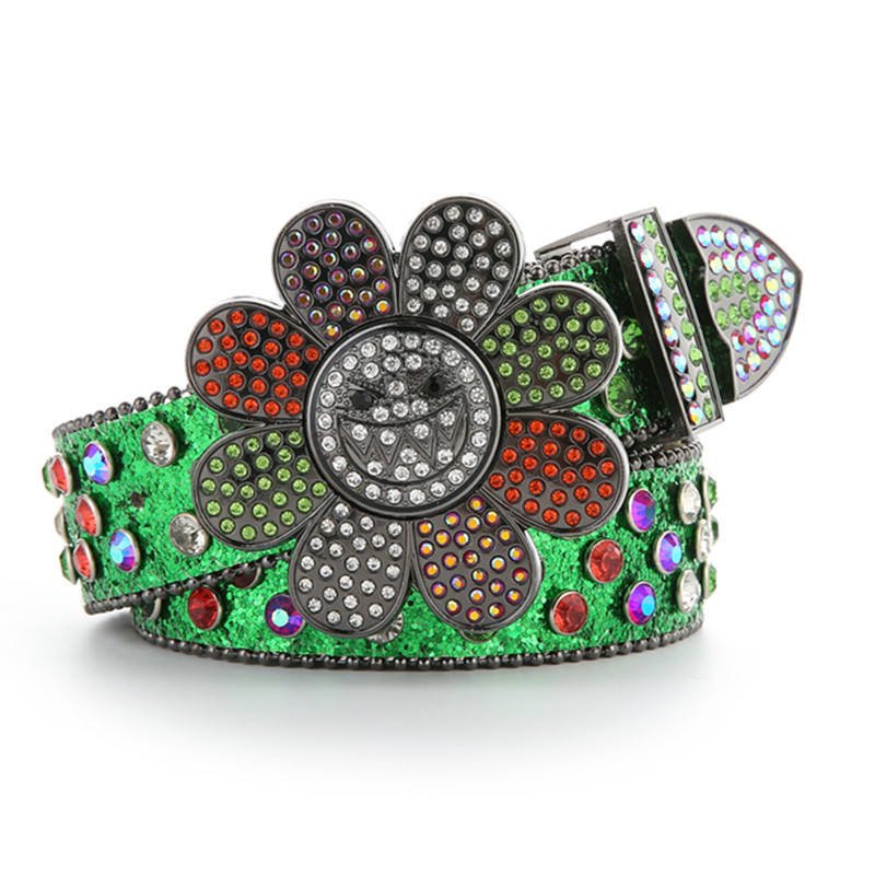 Customize Rotatable Smile Flower Buckle Women Punk Fashion PU Leather Crystal Studded Rhinestone BB Belt for Ladies Dress