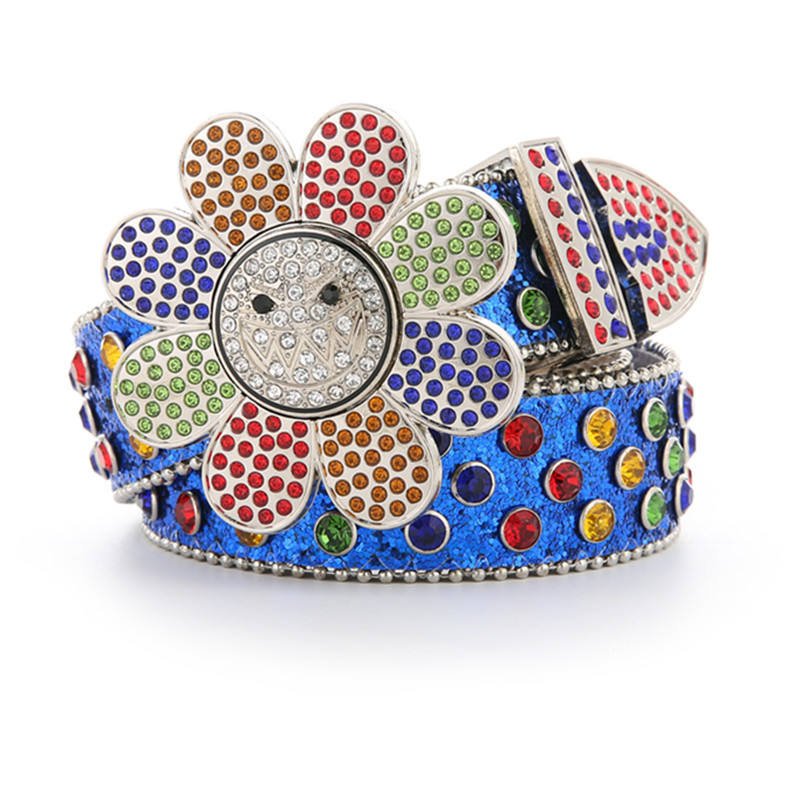 Customize Rotatable Smile Flower Buckle Women Punk Fashion PU Leather Crystal Studded Rhinestone BB Belt for Ladies Dress