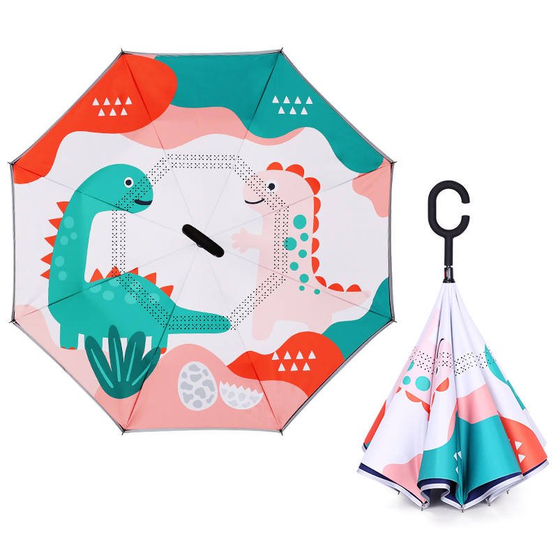 Cartoon Lion Printing Double Layer Reverse Inverted Umbrella C Shape Handle Waterproof Windproof Fully-Automatic Opening 190T