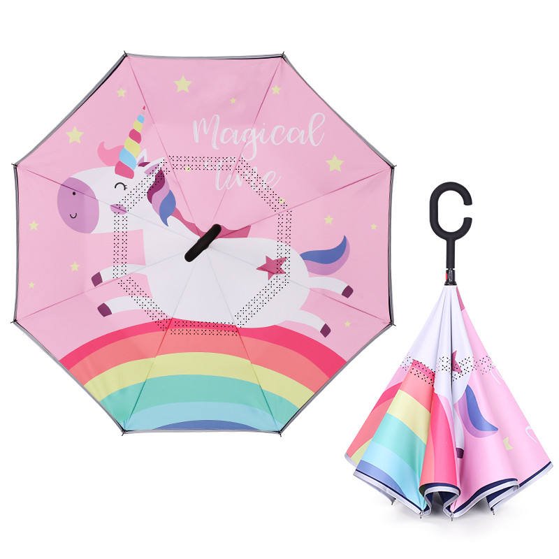 Cartoon Lion Printing Double Layer Reverse Inverted Umbrella C Shape Handle Waterproof Windproof Fully-Automatic Opening 190T