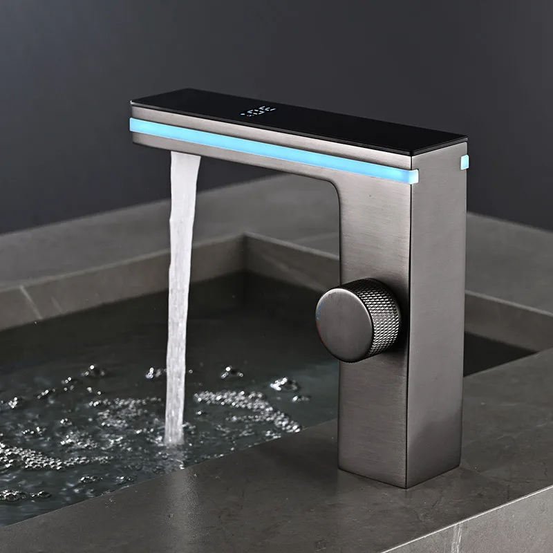 Modern Hot Sale Luxury LED Digital Smart Bathroom Faucet with Lamp Brass Single Lever Black Mixer Water Sink Wash Basin Faucets