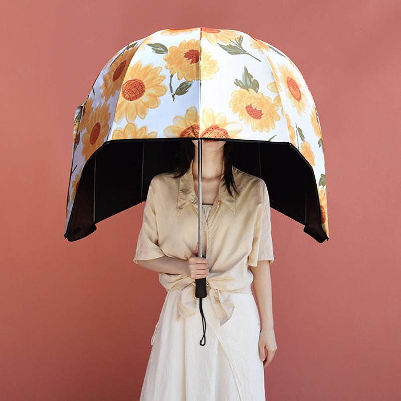 High Density Waterproof Black Coated UV Protection Comfortable Handle Rainy and Sunny Creative Business Helmet Straight Umbrella