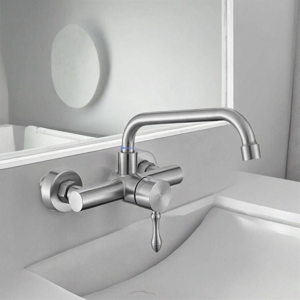 Hot and Cold Water 360 Swivel Spout Wall-mounted Single Handle Stainless Steel Kitchen Sink Basin Mixer Taps Faucet