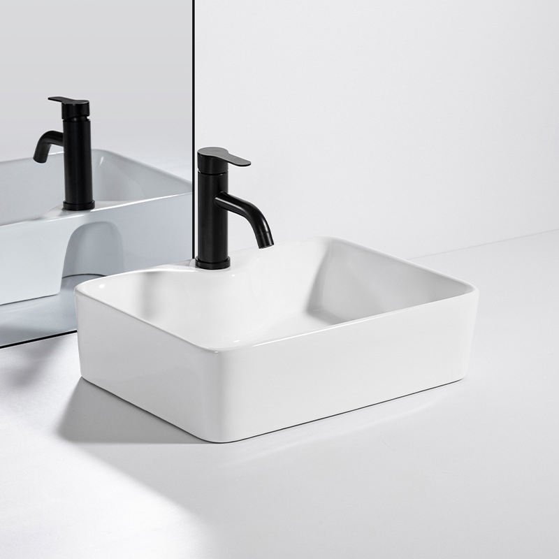 Aquacubic Rectangular Countertop White Porcelain Fireclay Ceramic Bathroom Washroom Sink