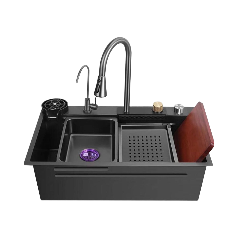 VORIVA Large Black Steel Kitchen Sink Waterfall Faucet Outlet Single Bowl Home Counter Basin for Vegetable Washing Kitchen Sinks