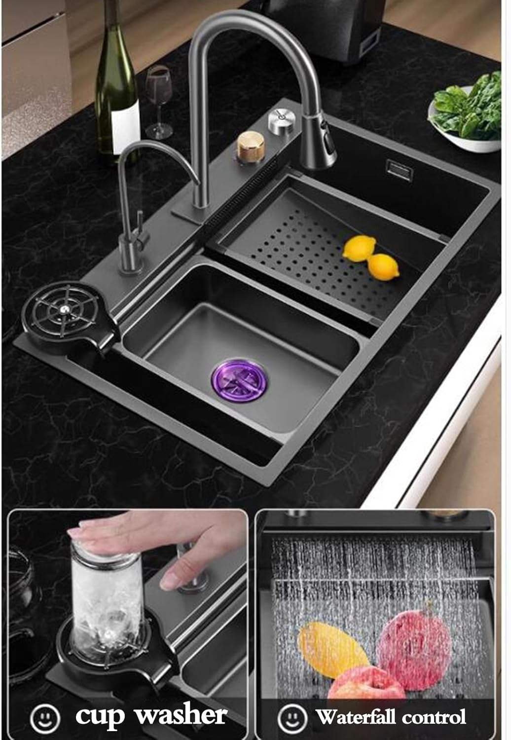 VORIVA Large Black Steel Kitchen Sink Waterfall Faucet Outlet Single Bowl Home Counter Basin for Vegetable Washing Kitchen Sinks