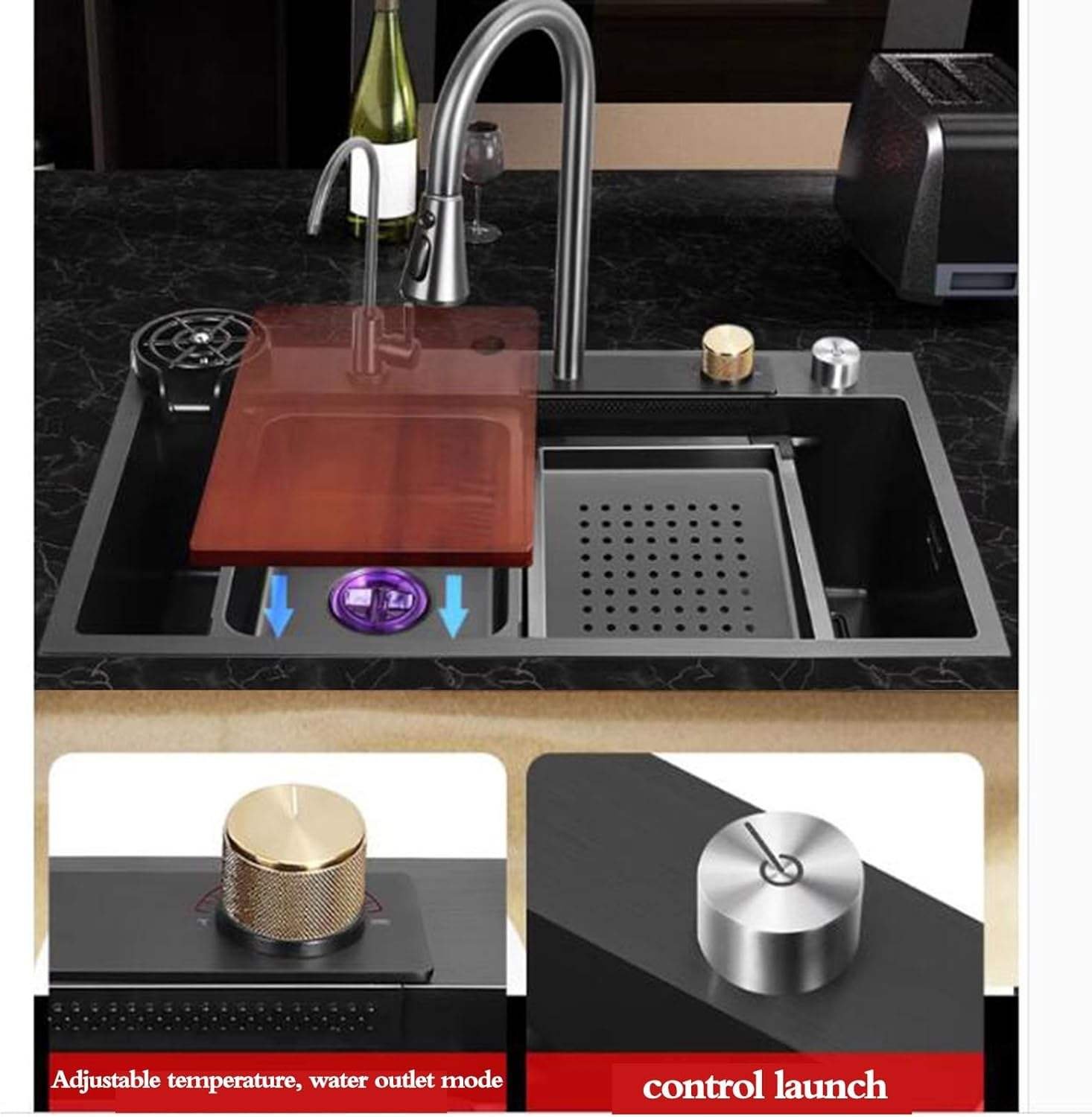 VORIVA Large Black Steel Kitchen Sink Waterfall Faucet Outlet Single Bowl Home Counter Basin for Vegetable Washing Kitchen Sinks