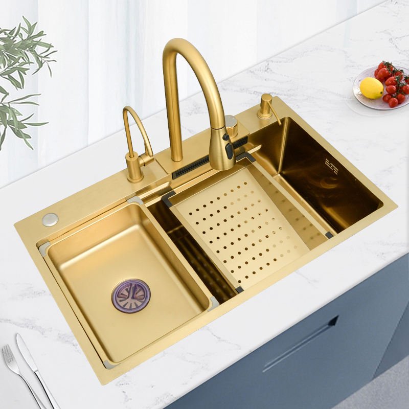 Wholesale Kitchen Sink Set With Rainfall Faucet Single Bowl Three Holes 304 Stainless Steel Counter Multifunctional Gold
