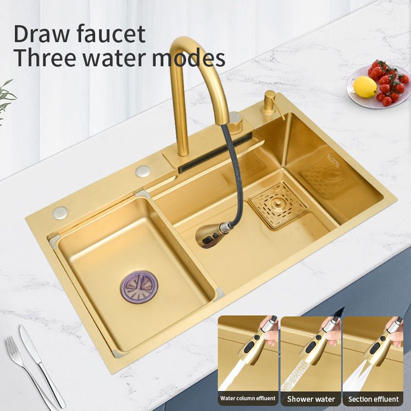 Wholesale Kitchen Sink Set With Rainfall Faucet Single Bowl Three Holes 304 Stainless Steel Counter Multifunctional Gold