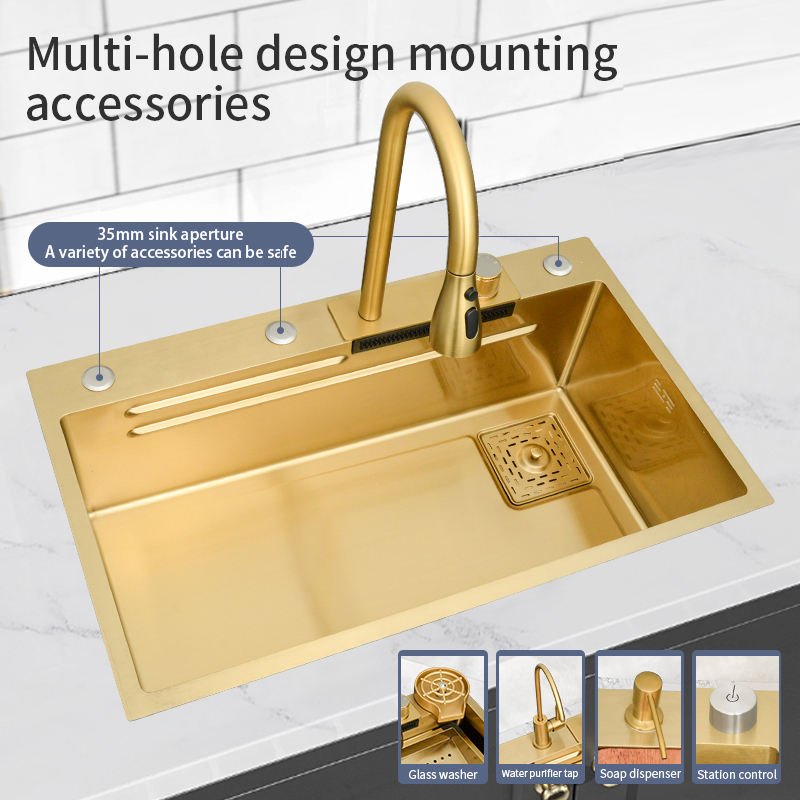 Wholesale Kitchen Sink Set With Rainfall Faucet Single Bowl Three Holes 304 Stainless Steel Counter Multifunctional Gold