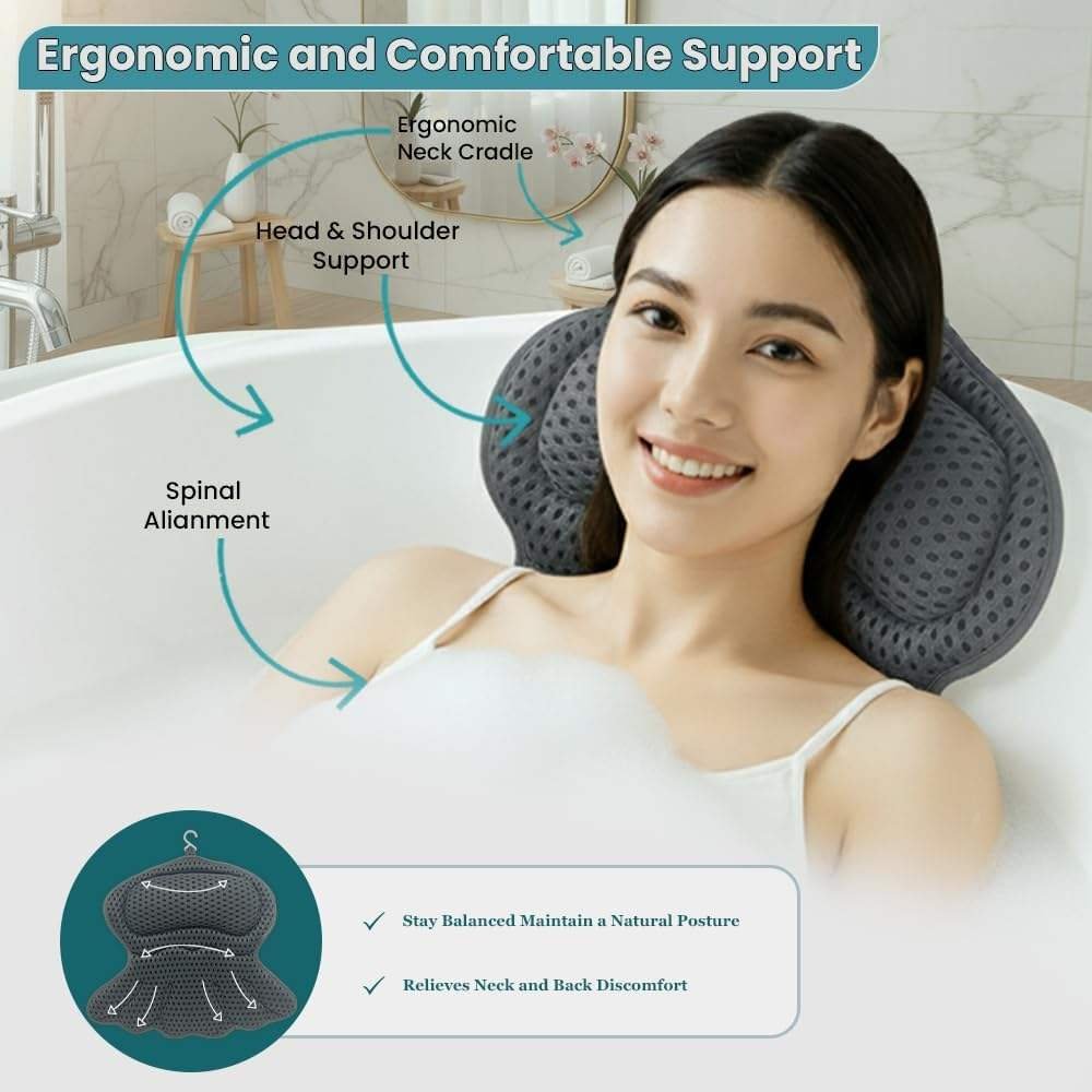 Luxury Bathtub Pillows Head Neck Support 4D Air Mesh Fabric Machine Washable 6 Strong Suction Cups