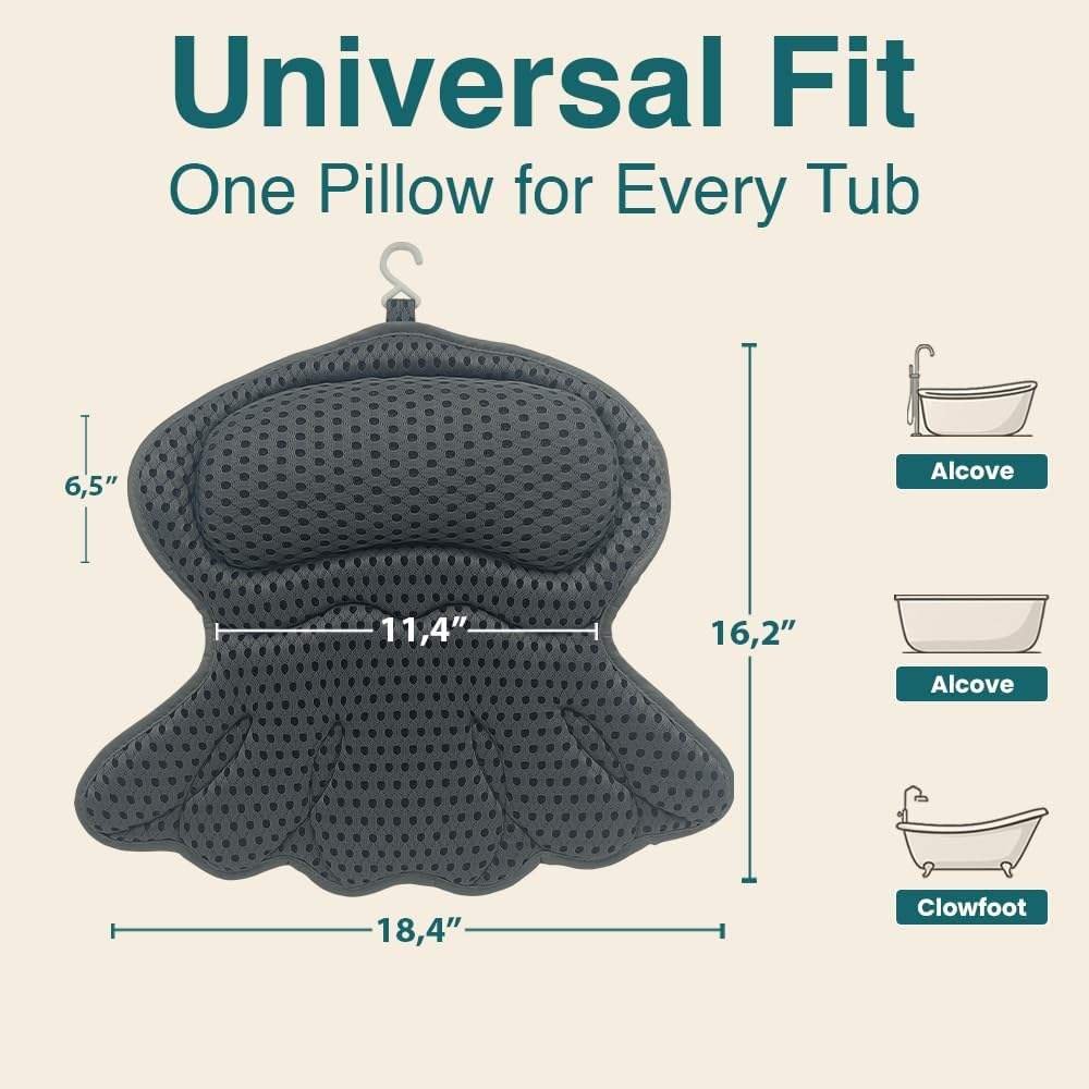 Luxury Bathtub Pillows Head Neck Support 4D Air Mesh Fabric Machine Washable 6 Strong Suction Cups
