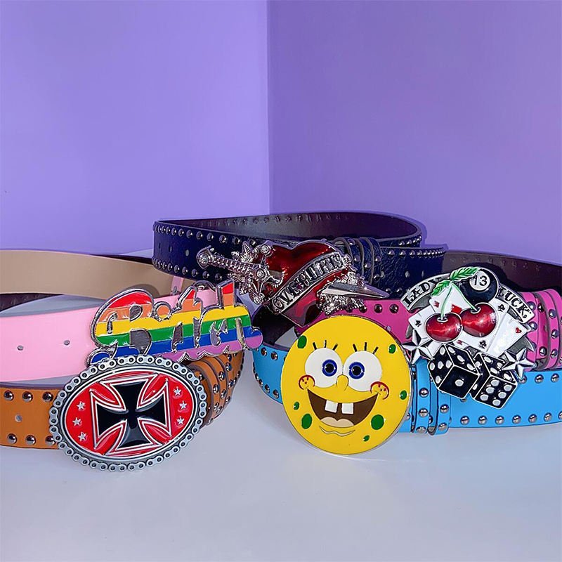 OEM/ODM Fashion Letter Name Metal Punk Studded Rhinestone Belt Women Mens Y2K PU Guenuine Leather Custom Belt Buckles for Jeans