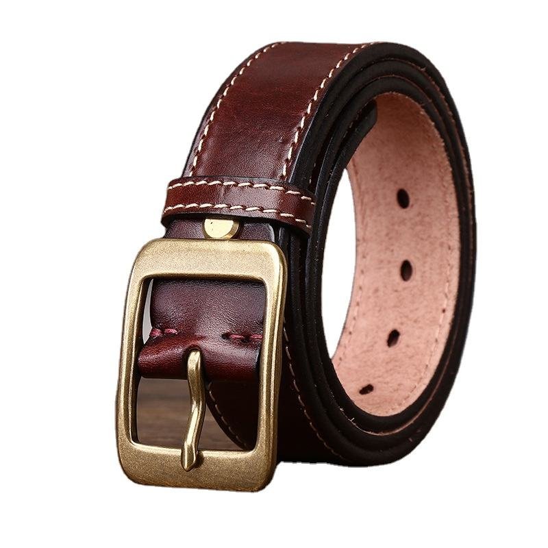 Handmade Vintage Thick Line Decorative Extra-Thick Top-Grain Vegetable-Tanned Leather Men's Stud Buckle All-Match Casual Belt