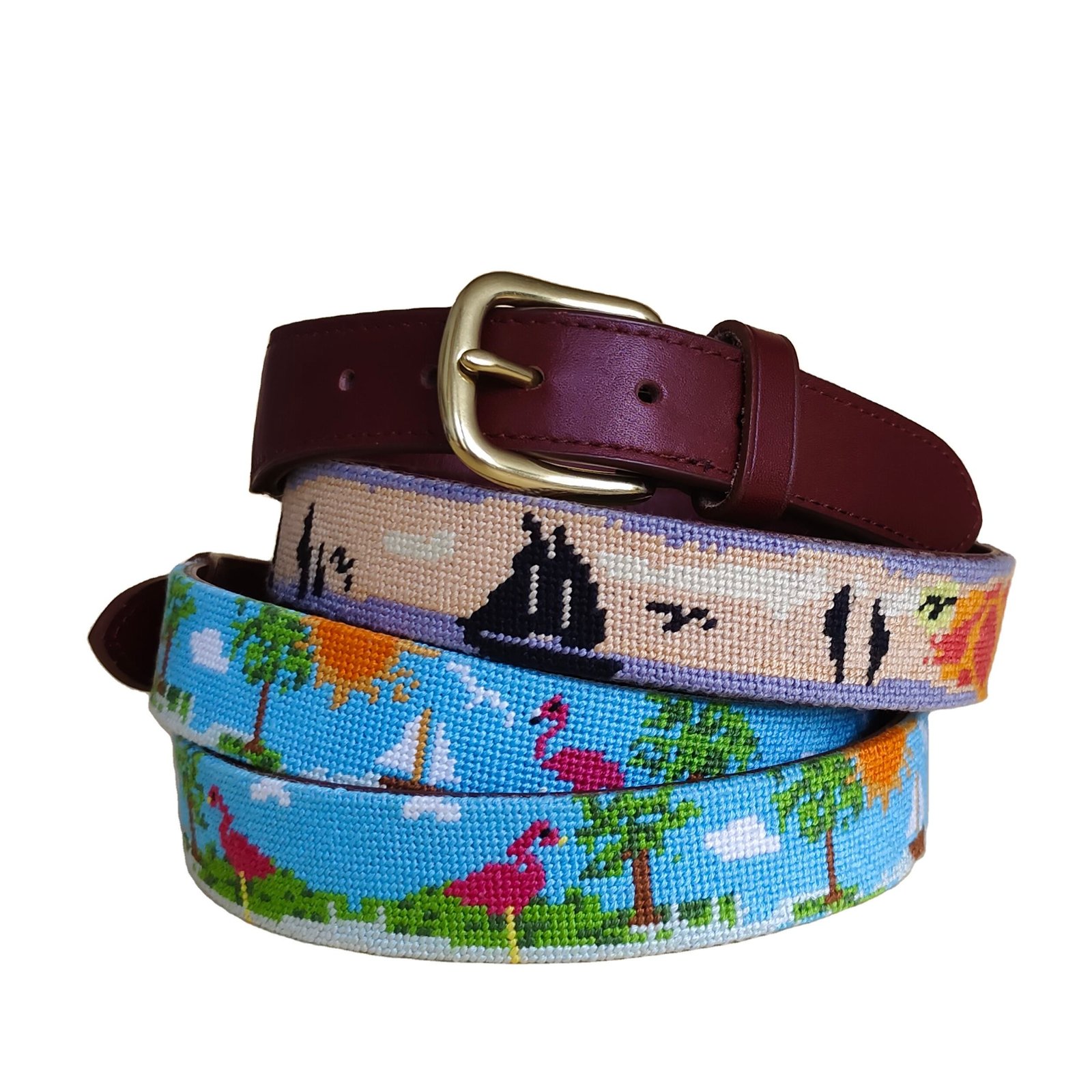Needlepoint Belt Cowhide Cow Leather Buckle Metal Custom Design Fashion Pattern