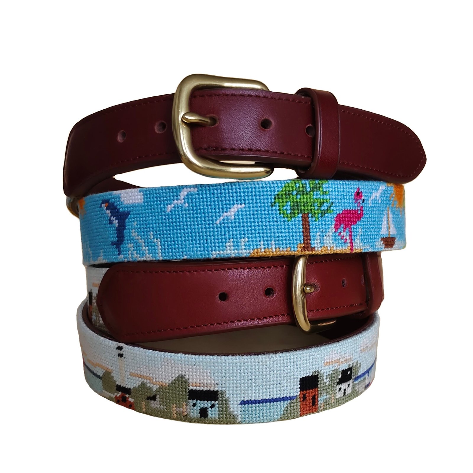 Needlepoint Belt Cowhide Cow Leather Buckle Metal Custom Design Fashion Pattern