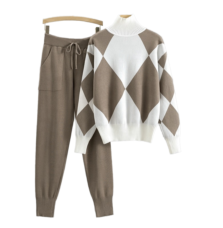 Autumn Winter Vintage Two Piece Set Women's High Waist Slim Casual Wide Leg Long Pants Knitted Sweater Breathable Plaid Pattern