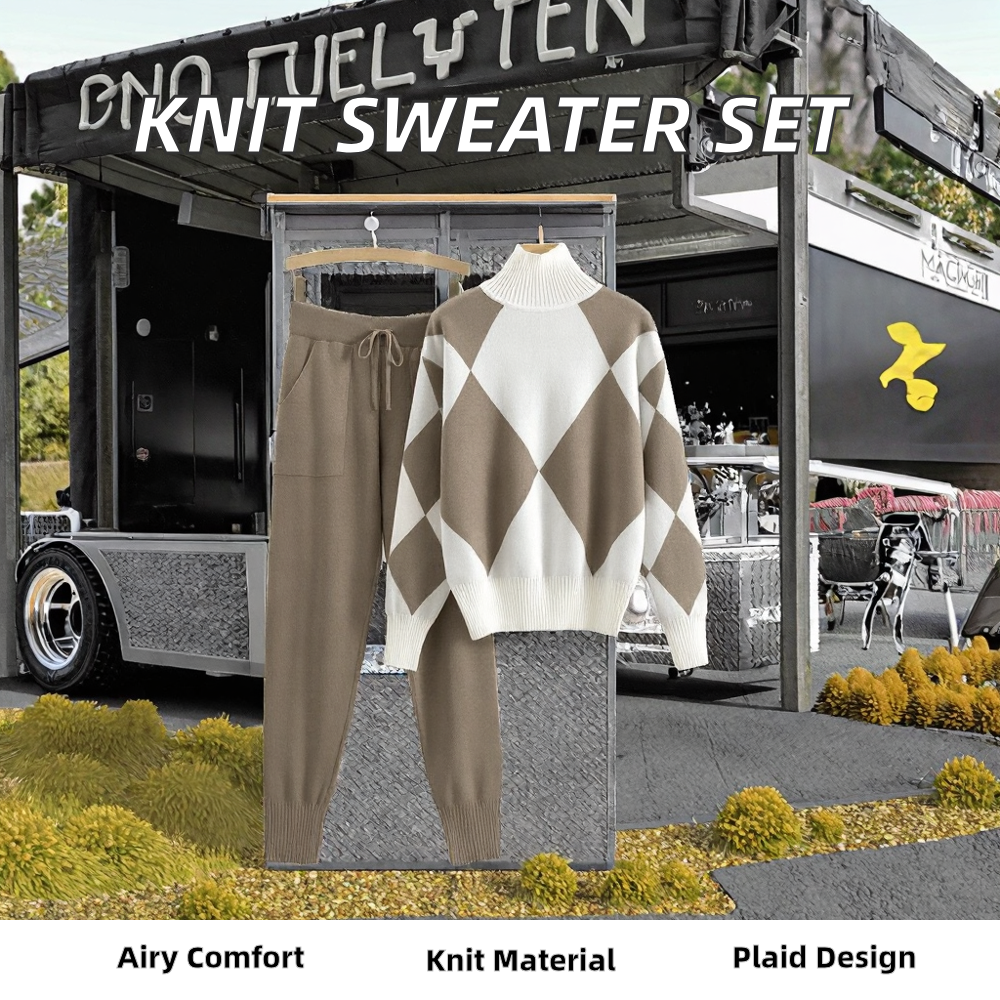 Autumn Winter Vintage Two Piece Set Women's High Waist Slim Casual Wide Leg Long Pants Knitted Sweater Breathable Plaid Pattern