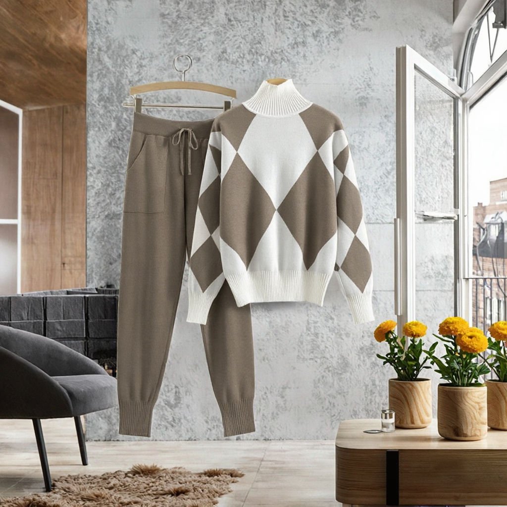 Autumn Winter Vintage Two Piece Set Women's High Waist Slim Casual Wide Leg Long Pants Knitted Sweater Breathable Plaid Pattern