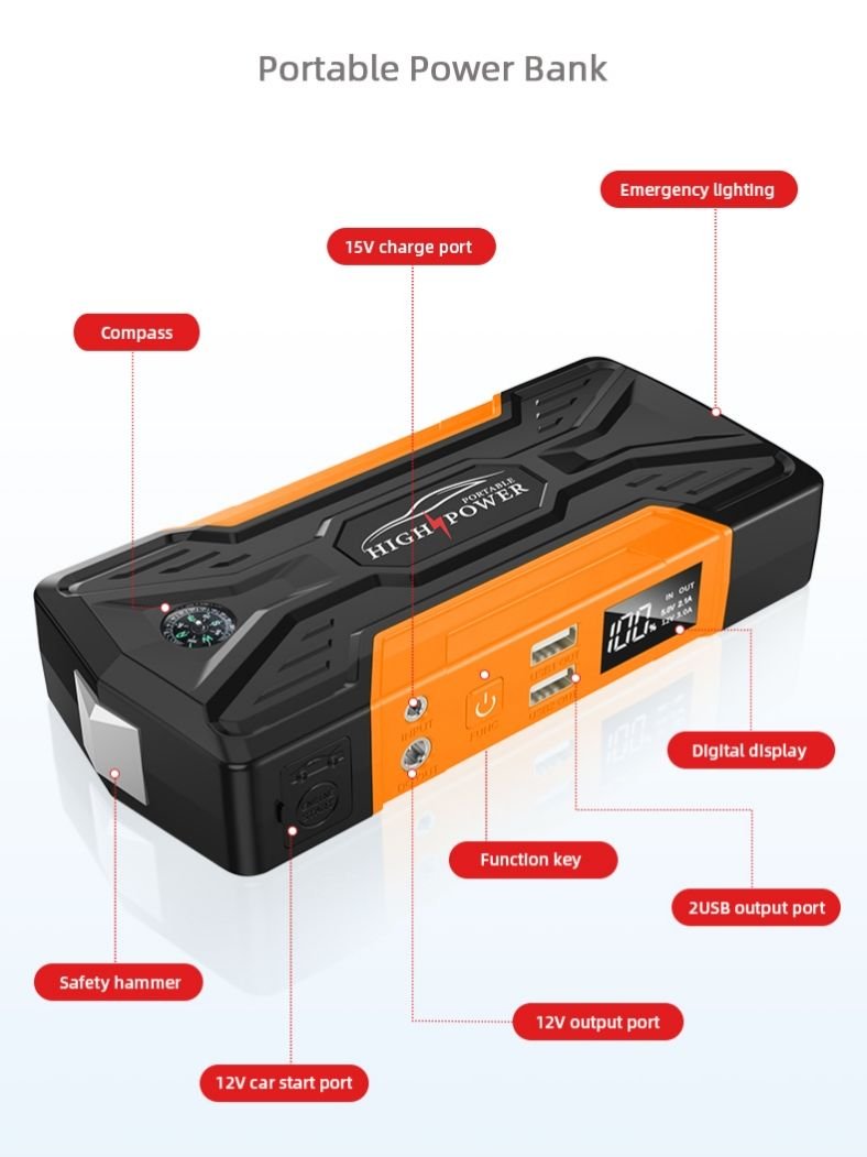 12V Jump Starter Air Compressor 3000A 150PSI Portable Car Battery All Gas/10L Diesel Lithium-ion Polymer Battery Digital Screen