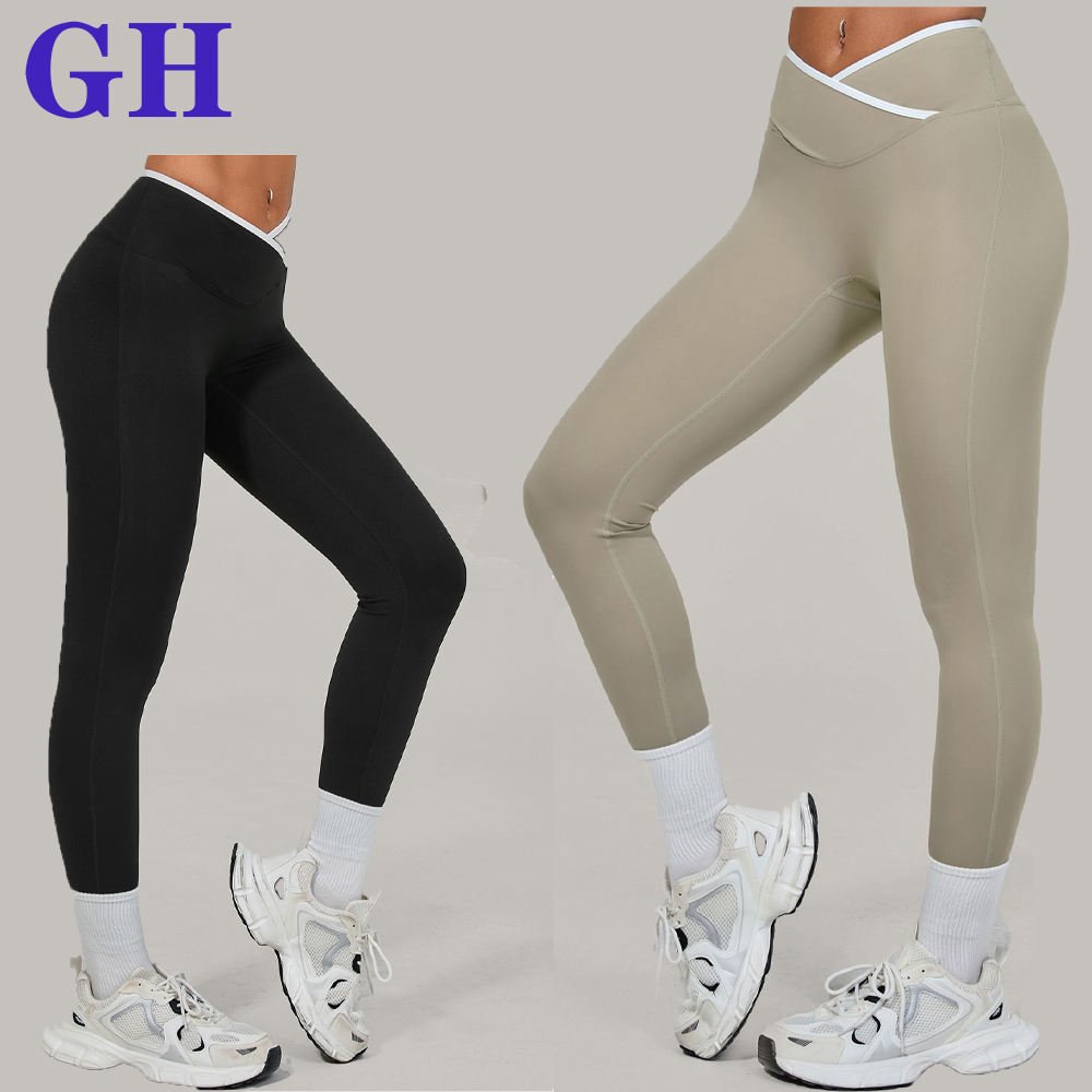 GH Custom Logo Solid Naked Feeling Workout Clothes Yoga Pants Cross V High Waist Elastic Waist Four-Way Stretch Breathable Light