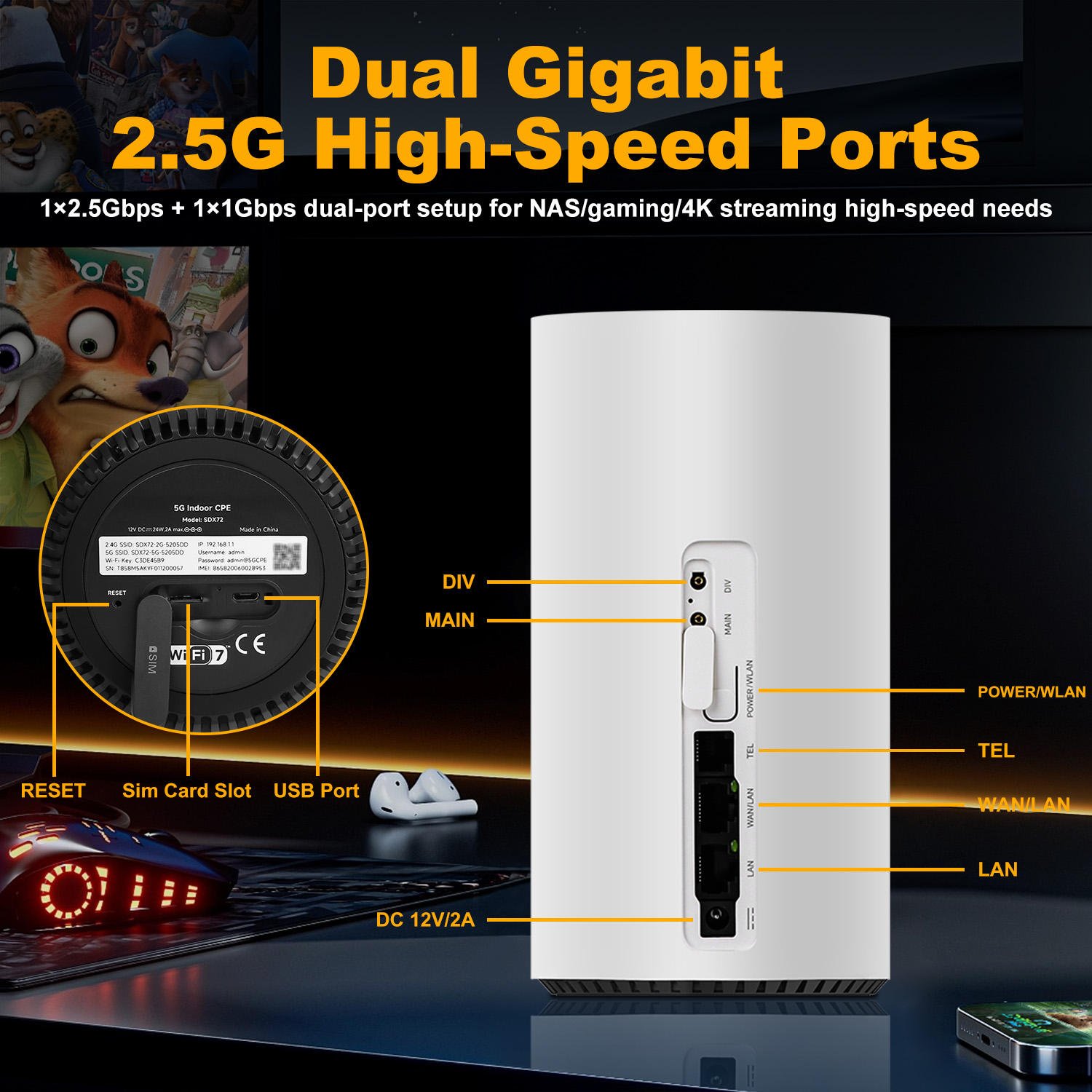 WorldCup SDX72 Qualcomm 5G CPE Router WiFi 7 Dual-band High-speed Guest Network 5G SIM Firewall VPN EU Version Home Use