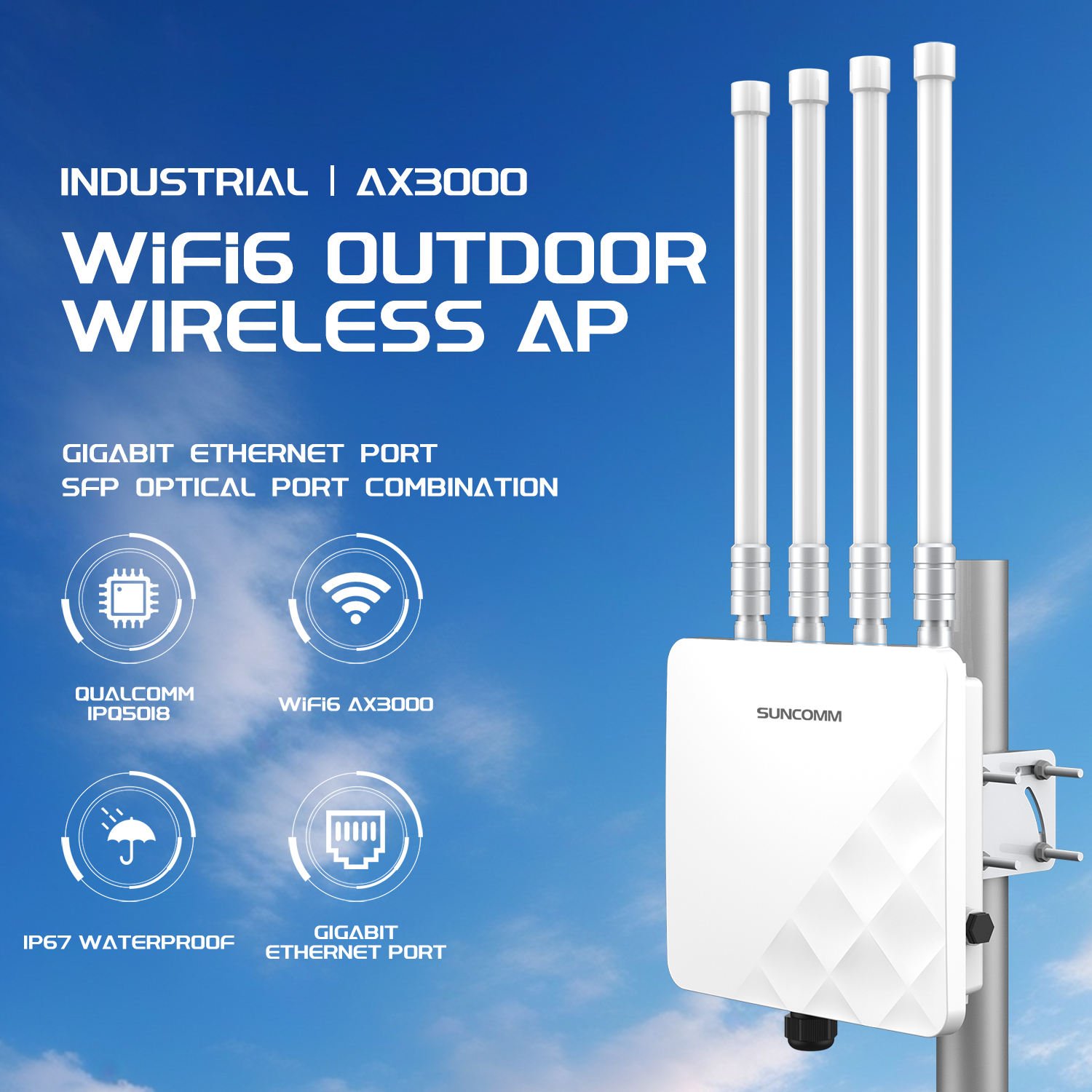 SUNCOMM AP600 Newest WiFi 6 11AX 3000Mbps Outdoor Access Point 500m Range Firewall IP67 Waterproof Hotspot Repeater