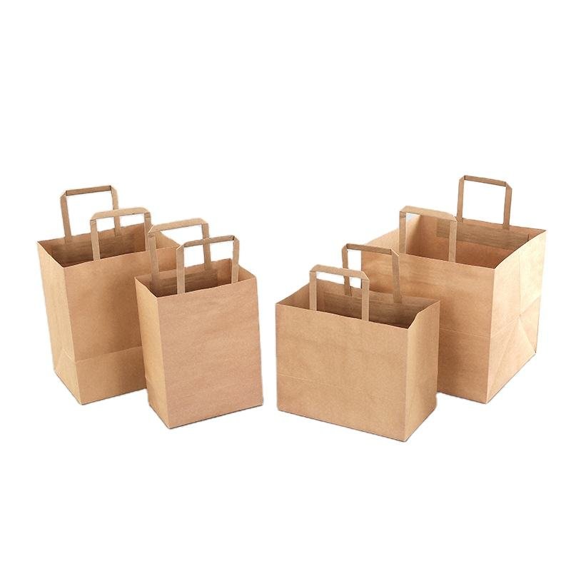 Craft Tote Paper Bags Custom Logo Packing With Hole Handle Food Takeaway to Go Lunch Brown Kraft Paper Bag