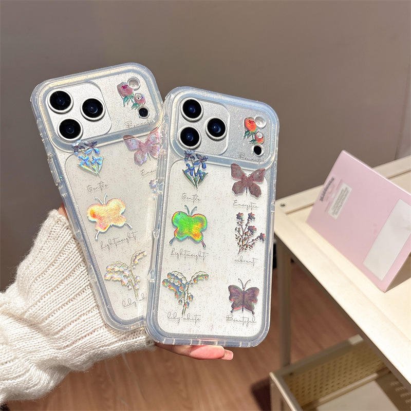 For iPhone 16 Pro Max 14 13 12 11 15 Plus Glitter Shockproof Butterfly Pattern Laser Anti-Drop Cover Acrylic PC TPU Phone Cas