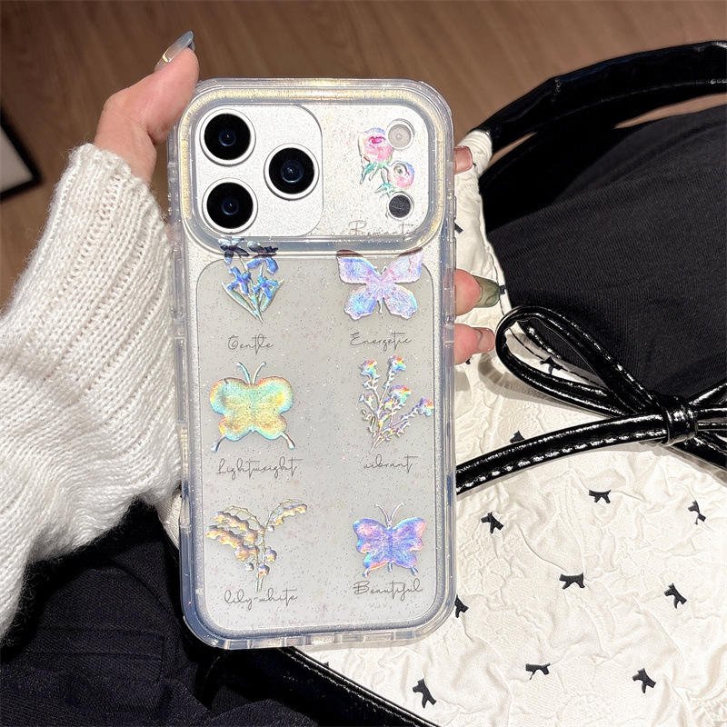 For iPhone 16 Pro Max 14 13 12 11 15 Plus Glitter Shockproof Butterfly Pattern Laser Anti-Drop Cover Acrylic PC TPU Phone Cas