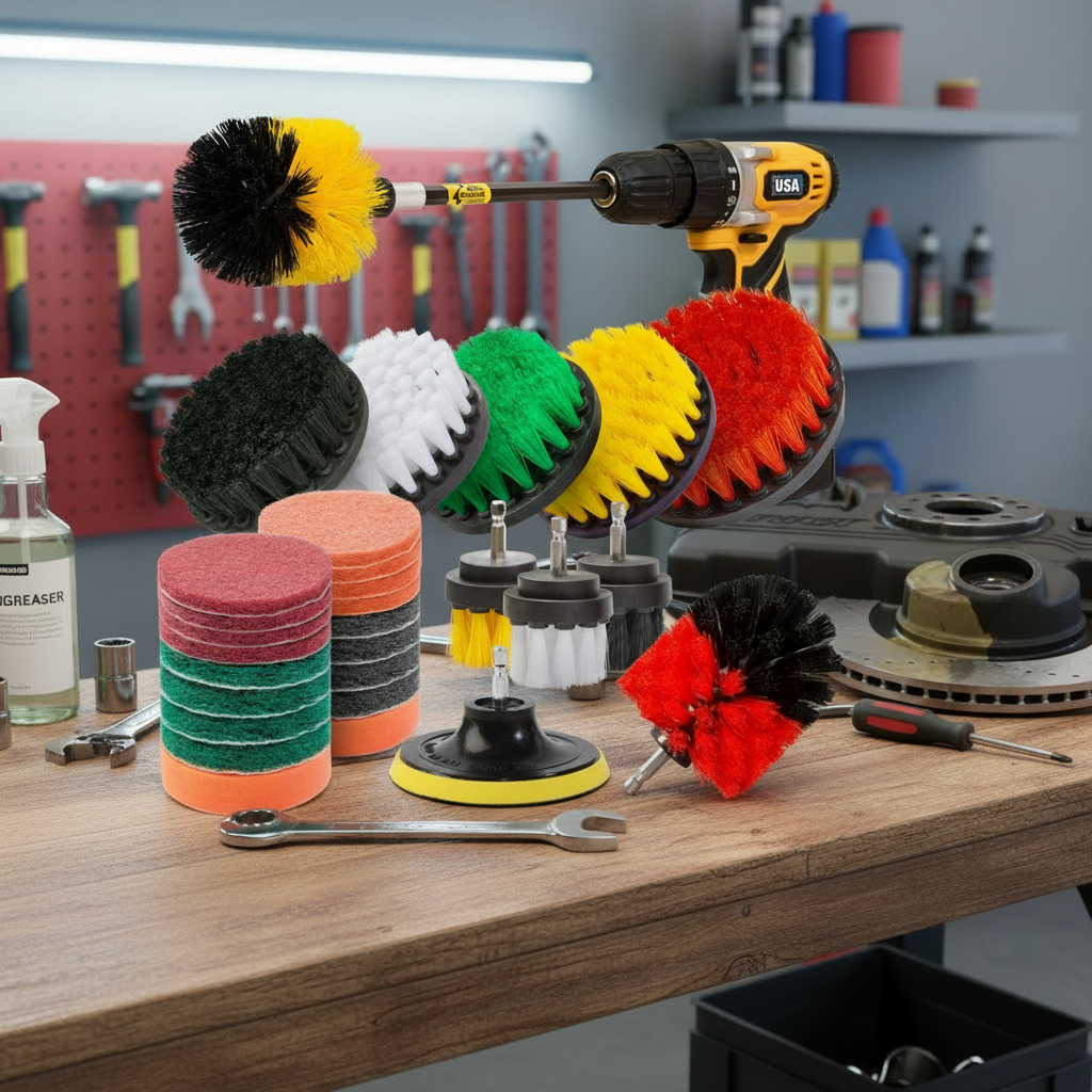 Industrial Drill Powered Steel Nylon Attachment 3 Bristle Length Cleaning Bathrooms Kitchens Showers Grout Auto Detailing Rims