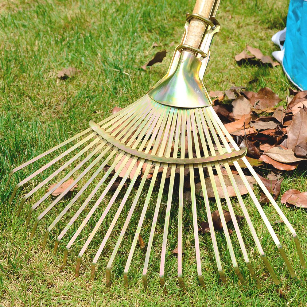 One99 22T Gold Galvanized Adjustable Expandable Leaf Rake Head Telescopic Metal Garden Tool for Home Lawn Backyard Maintenance