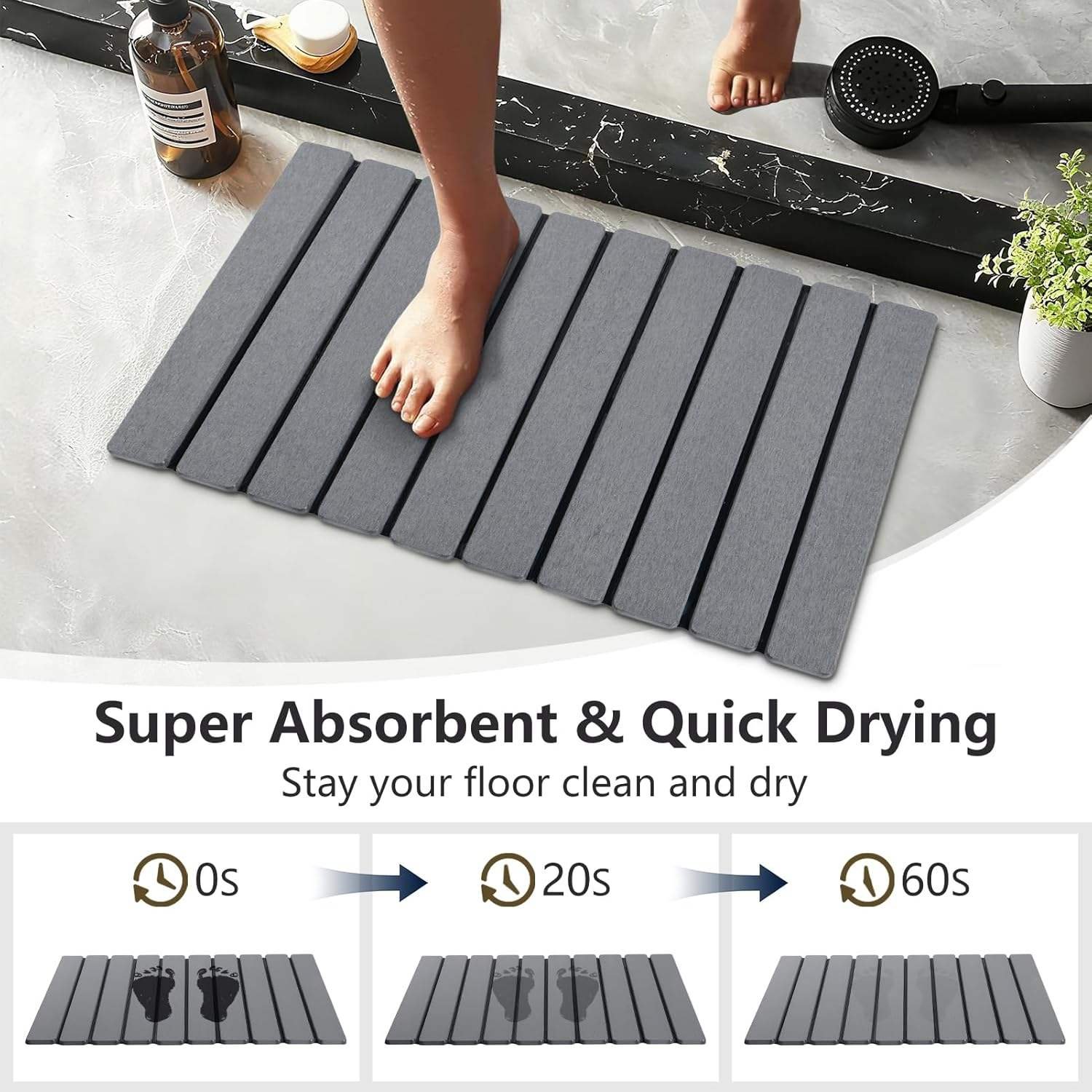 Foldable Stone Bath Mat Super Absorbent Diatomaceous Earth Mat Non-Slip Quick Dry Bathroom Shower Mat