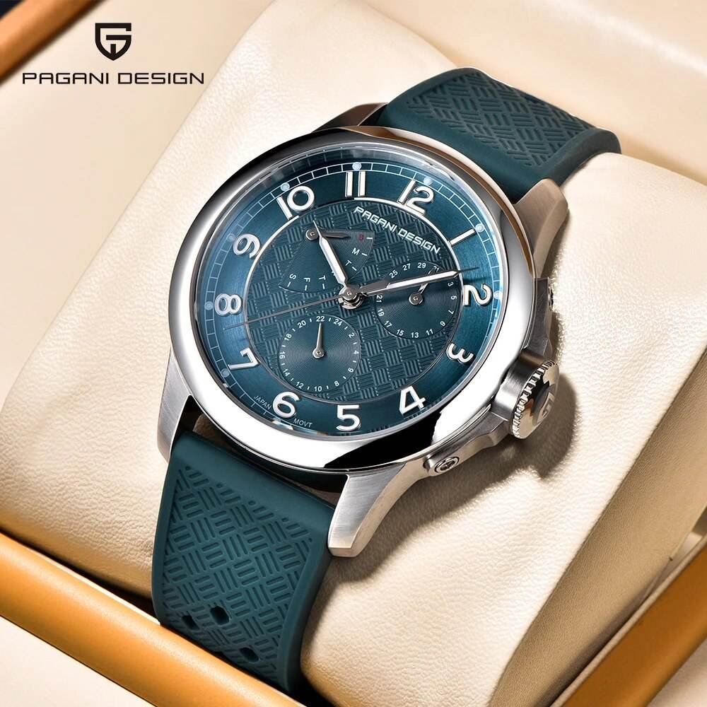 Pagani Design Men's Sport Watch 40mm Quartz Stainless Steel Sapphire Crystal Calendar 24 Hours 100M Waterproof Leather