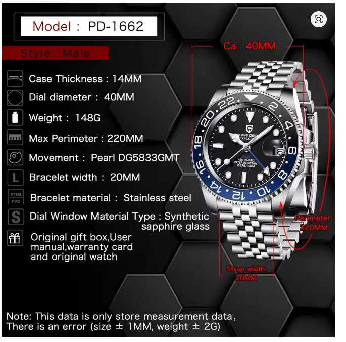 PAGANI DESIGN 1662 2025 40MM Stainless Steel GMT Men's Mechanical Automatic Watch 100M Waterproof Sports Watch
