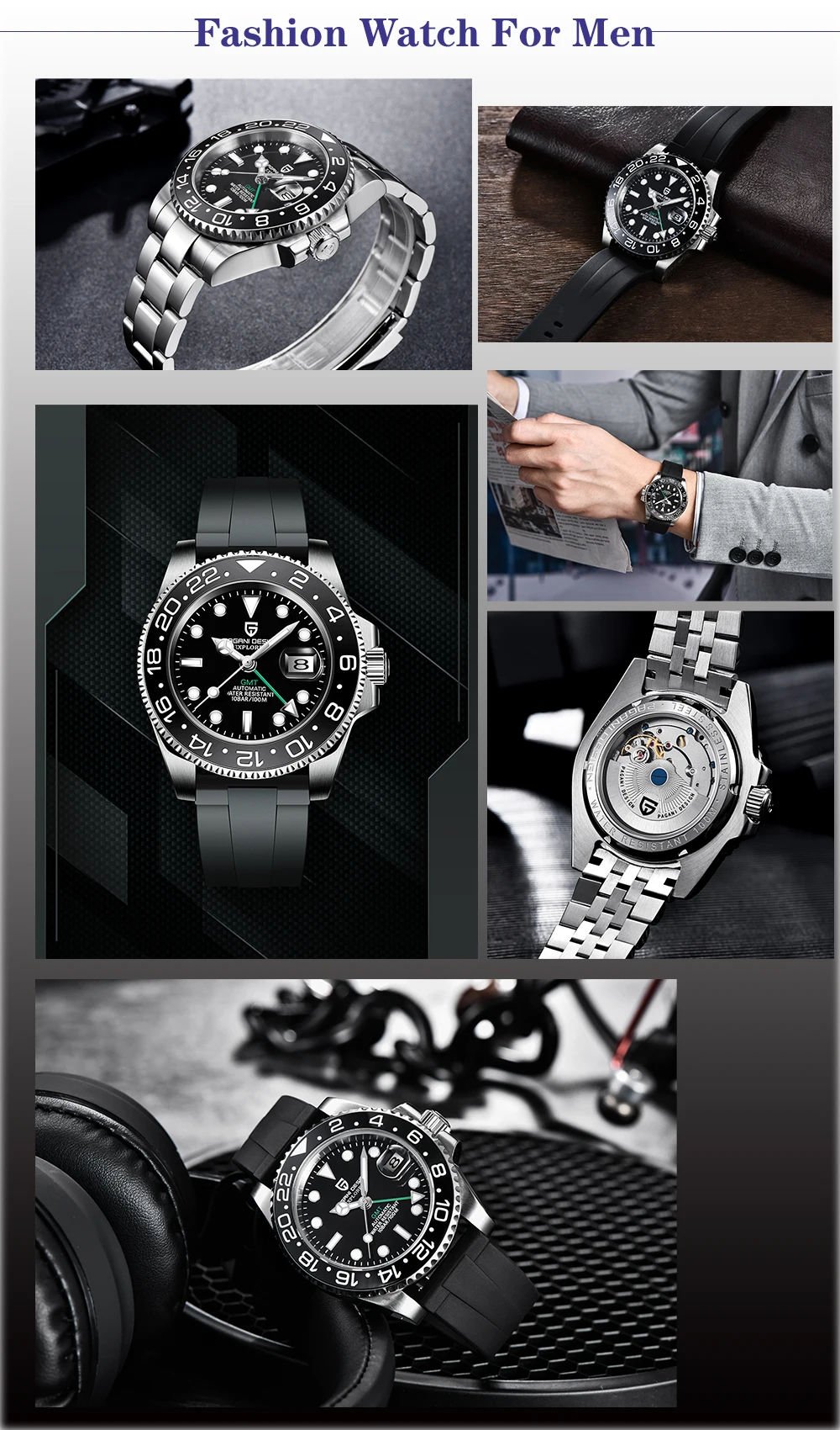 PAGANI DESIGN PD-1662 Sport Luxury GMT Men Mechanical Wristwatch Sapphire Glass Stainless Steel 10 Bar Waterproof Automatic