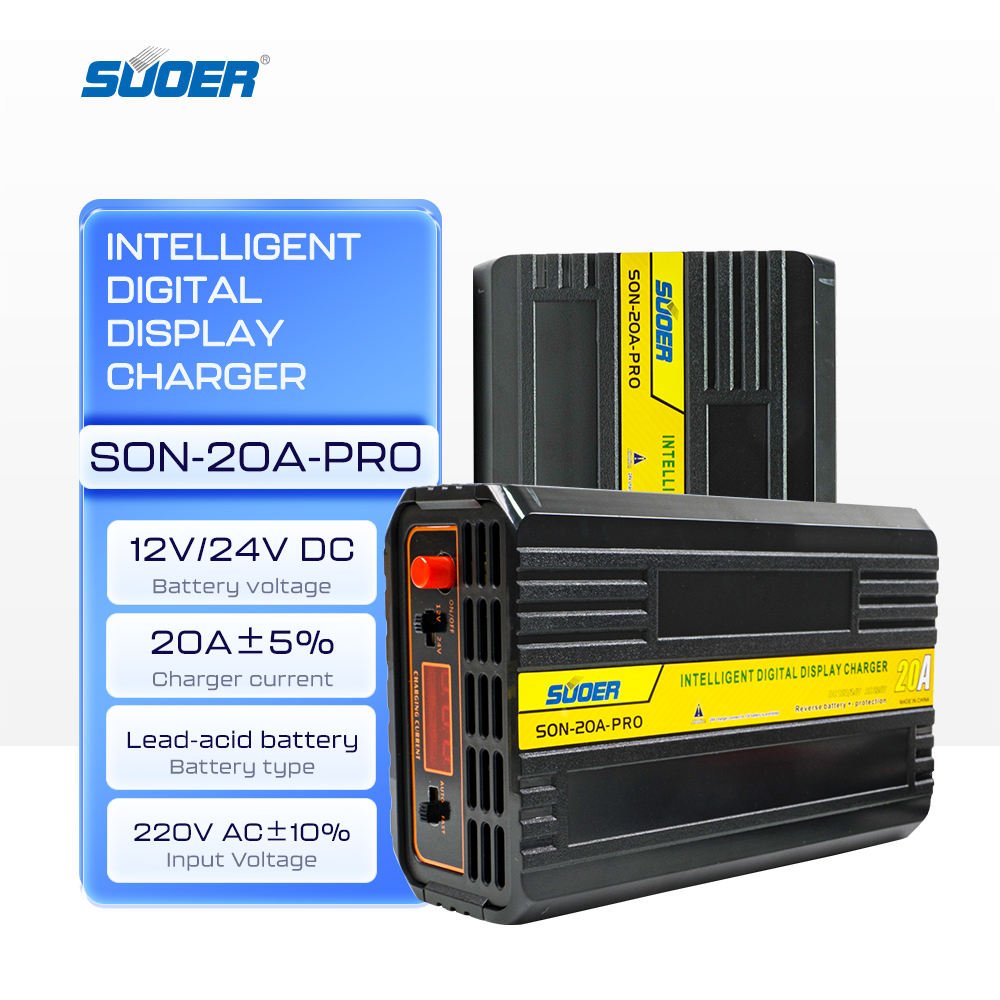 Suoer SON-20A-PRO Smart Solar Charger 12V/24V 20A Digital Display Portable Car Battery AC/DC Fast Charging for Mobile Phone