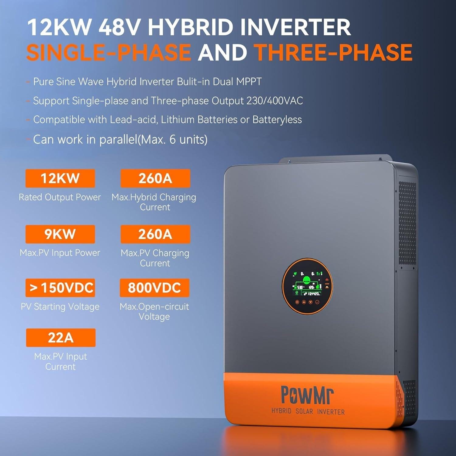 12 KW Three-Phase Hybrid Inverter 48 V DC 230/400 V AC 260 MPPT Charger for Lead-Acid Lithium Batteries 6 Appliances Model