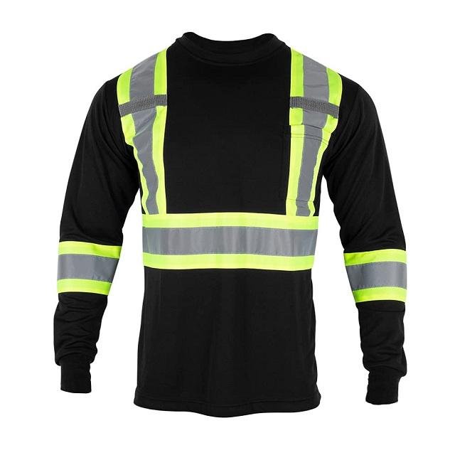 ANSI Hi Vis Class 1 Black Breathable 70% Polyester Cotton Blended Long Sleeve Reflective Safety Shirt