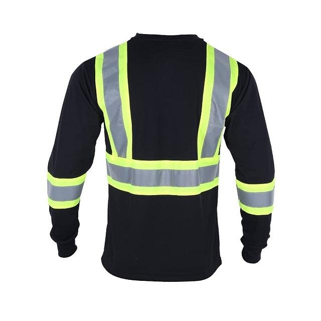 ANSI Hi Vis Class 1 Black Breathable 70% Polyester Cotton Blended Long Sleeve Reflective Safety Shirt